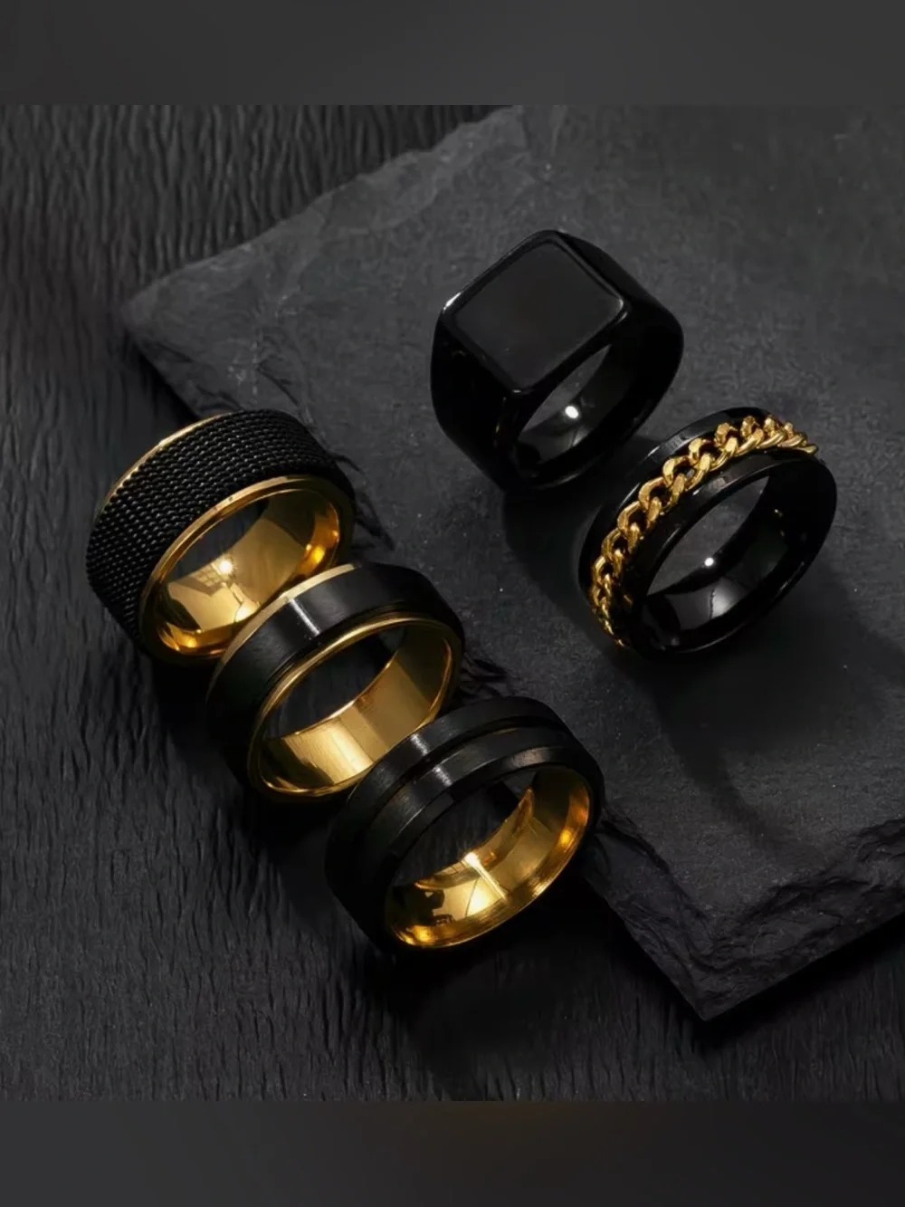 18K Gold Plated & Black Men's Stainless Steel Ring Modern Wedding Band Sz 9